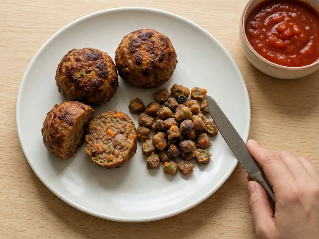 Baked meatballs, one cut open, beside tiny toddler-sized pieces and a small bowl of marinara