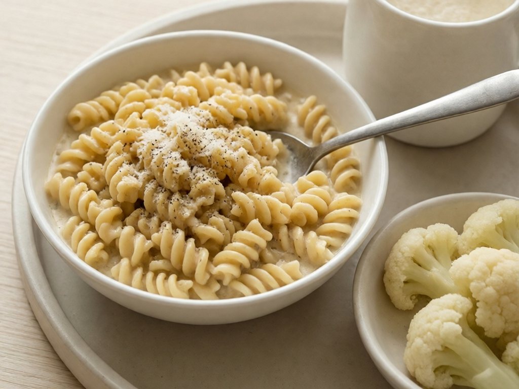 Bowl of rotini pasta coated in creamy pale cauliflower alfredo sauce with grated parmesan