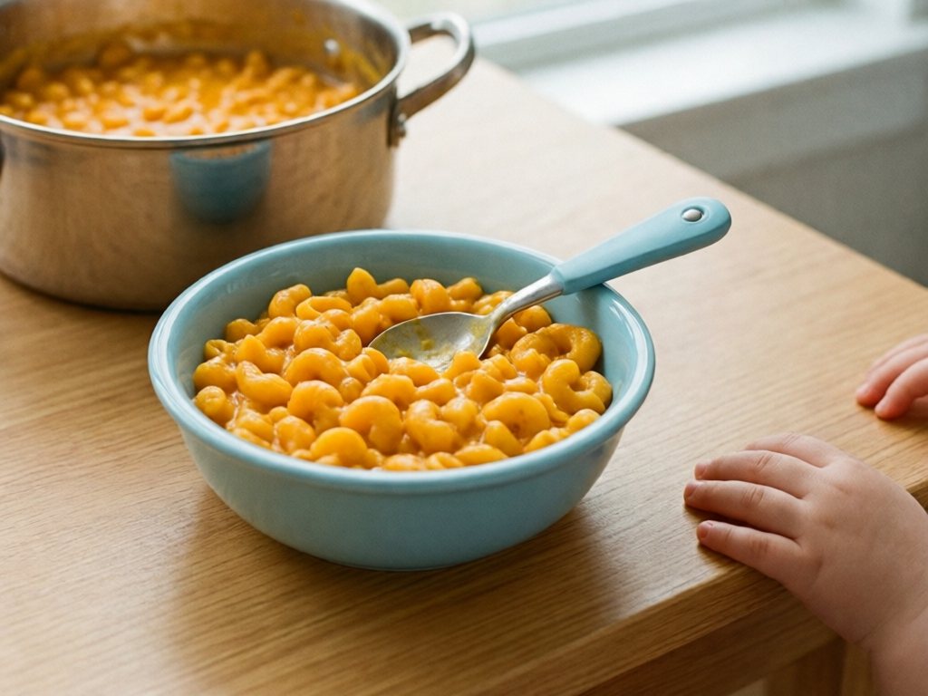 Bowl of creamy orange macaroni and cheese with a child's spoon