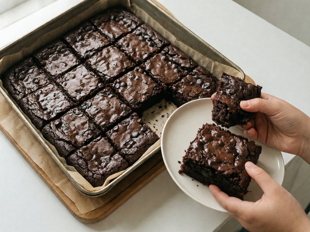 Pan of fudgy black bean brownies cut into squares with two on a white plate