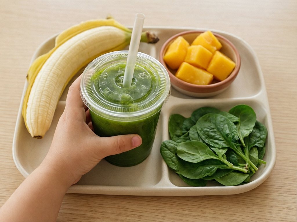 Bright green smoothie in a kid's cup with banana, mango, and spinach beside it