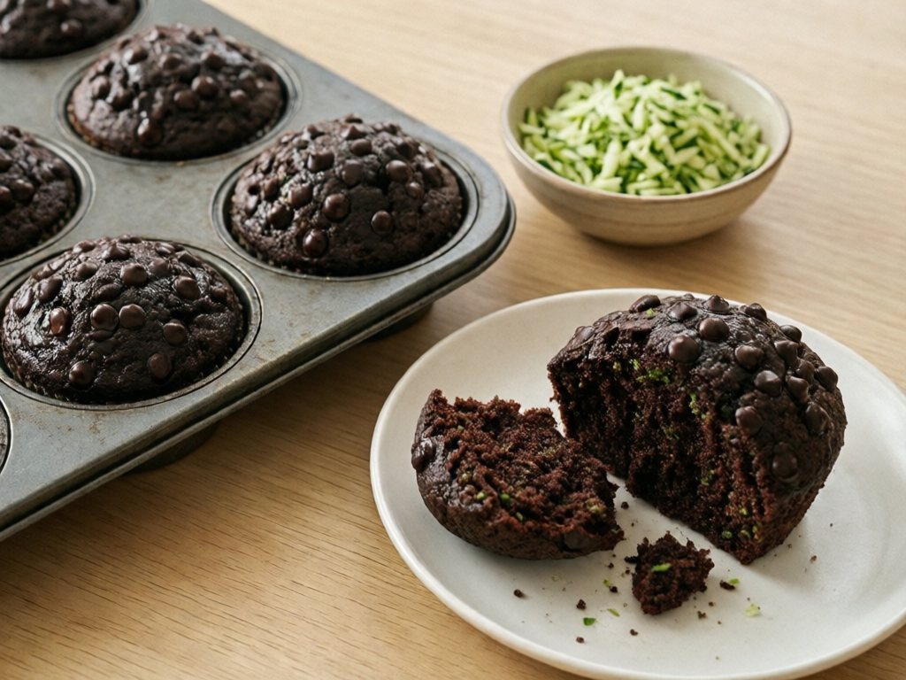 Chocolate zucchini muffins in a tin, one broken open to show a moist crumb