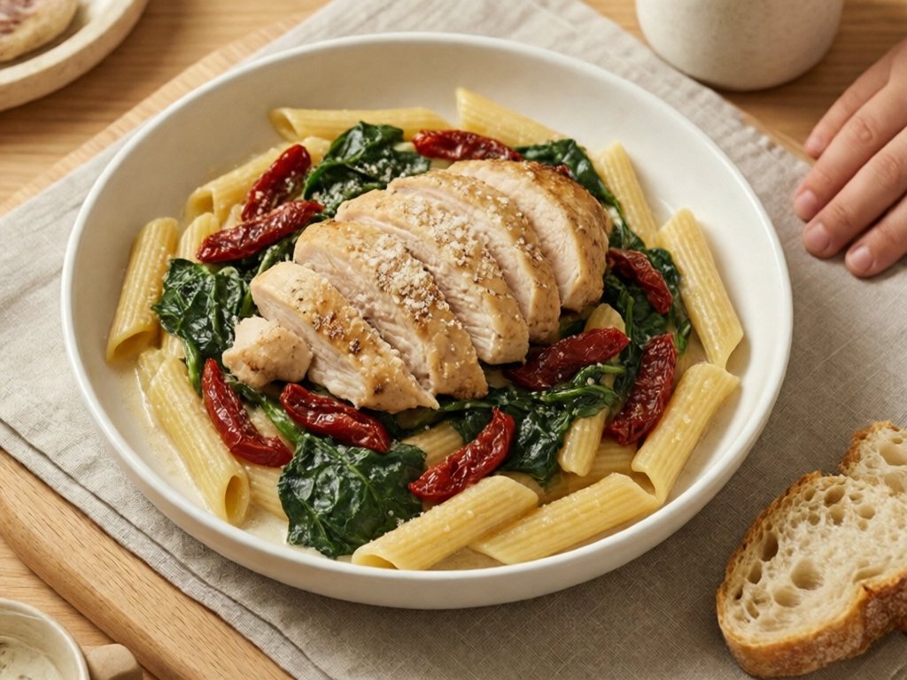 Creamy Tuscan chicken with sun-dried tomatoes and spinach over pasta