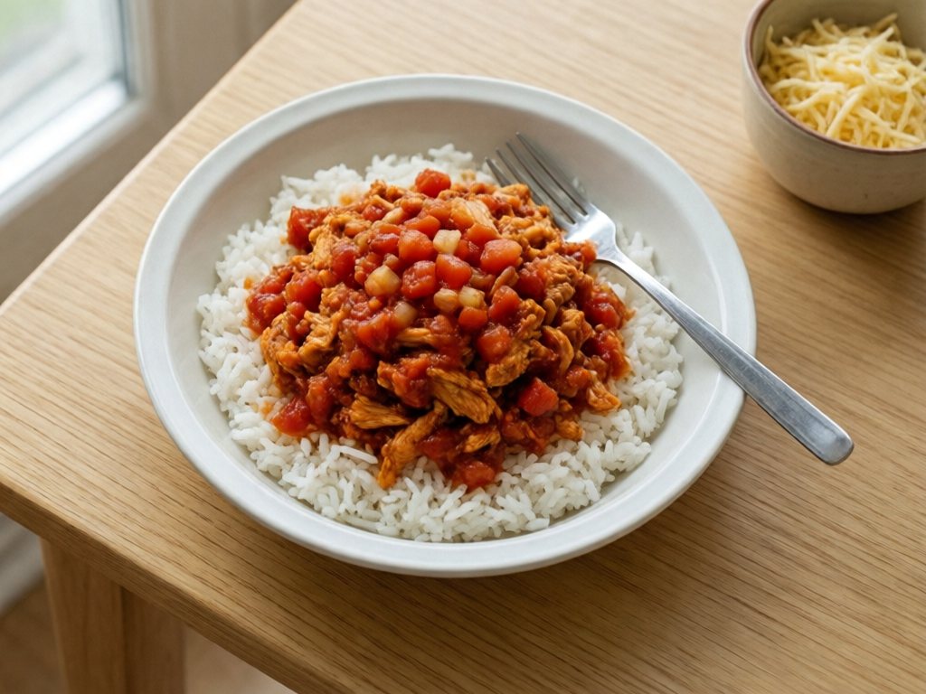 Bowl of white rice topped with shredded chicken in chunky red salsa
