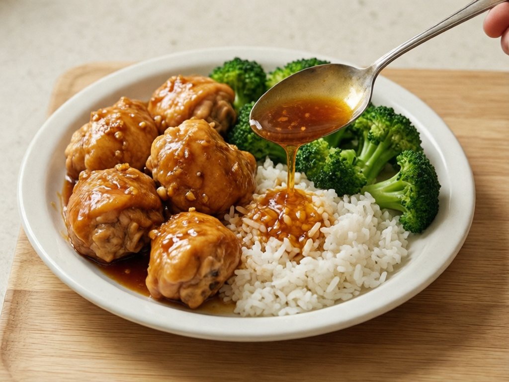 Plate of glazed honey garlic chicken thighs with rice and steamed broccoli