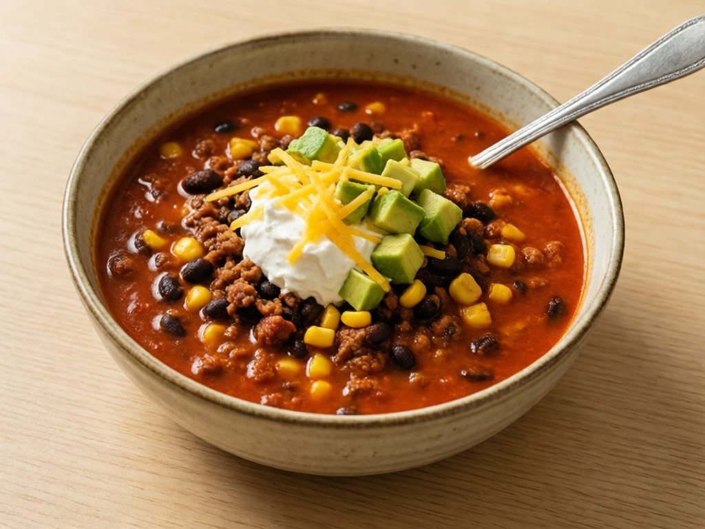 Bowl of taco soup with beef, black beans, corn, sour cream, and avocado