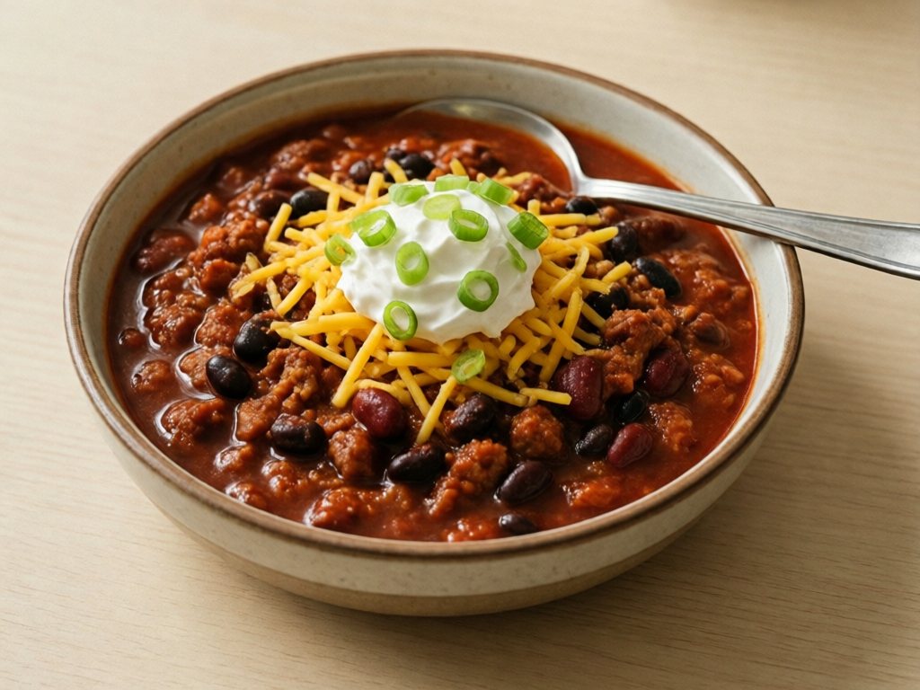 Bowl of beef and bean chili topped with cheese, sour cream, and green onions
