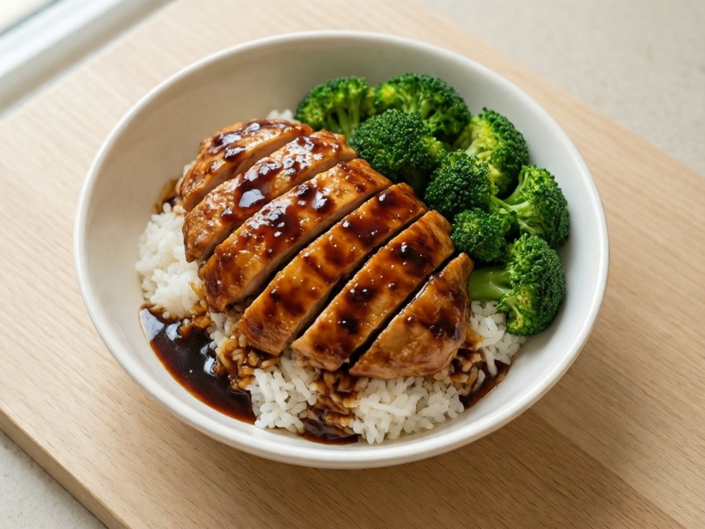 Bowl of sliced teriyaki chicken over rice with steamed broccoli