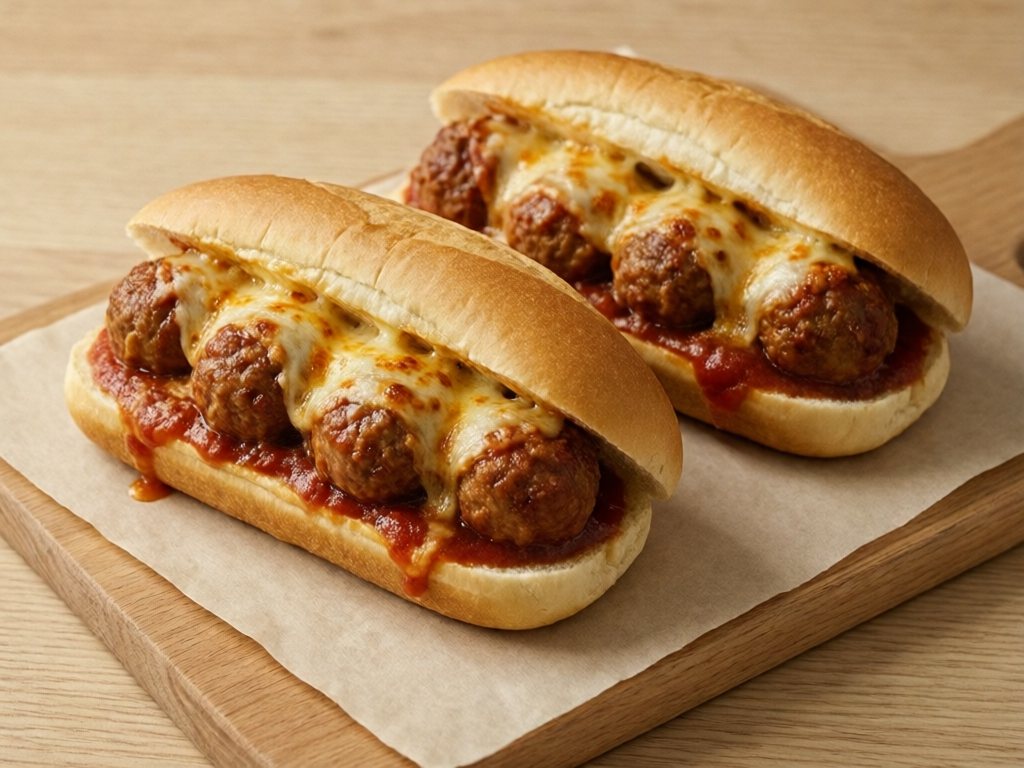 Two meatball subs with marinara and melted mozzarella on hoagie rolls