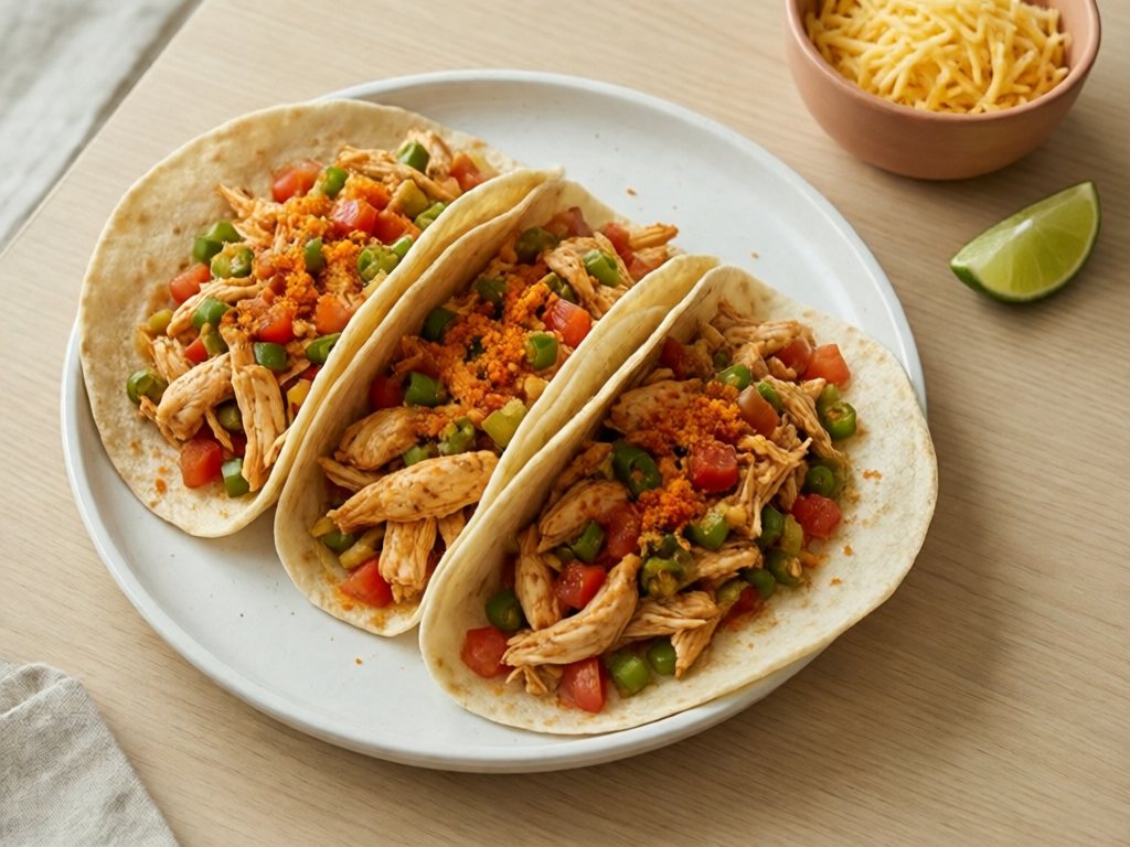 Three soft tacos filled with shredded chicken, tomato, and green chiles