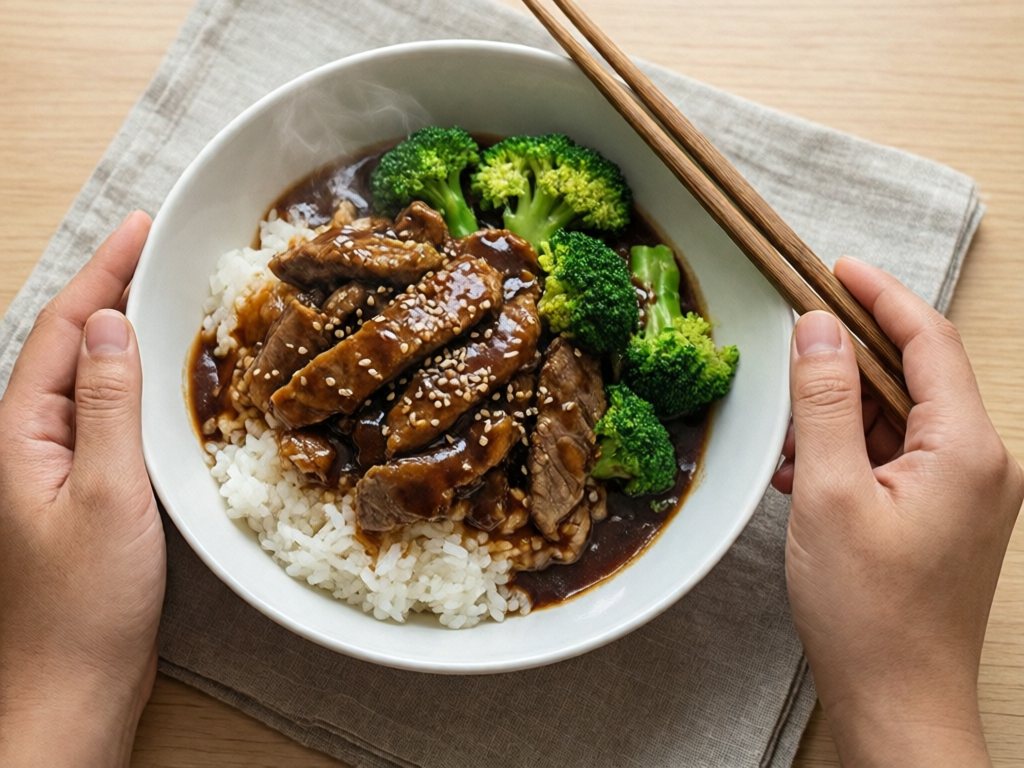 Beef and broccoli in glossy brown sauce over white rice in a bowl