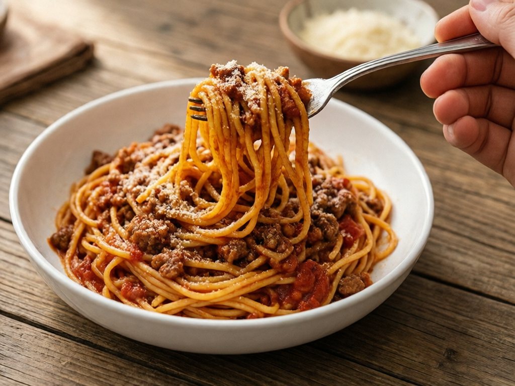 Bowl of spaghetti with fine ground beef marinara and parmesan