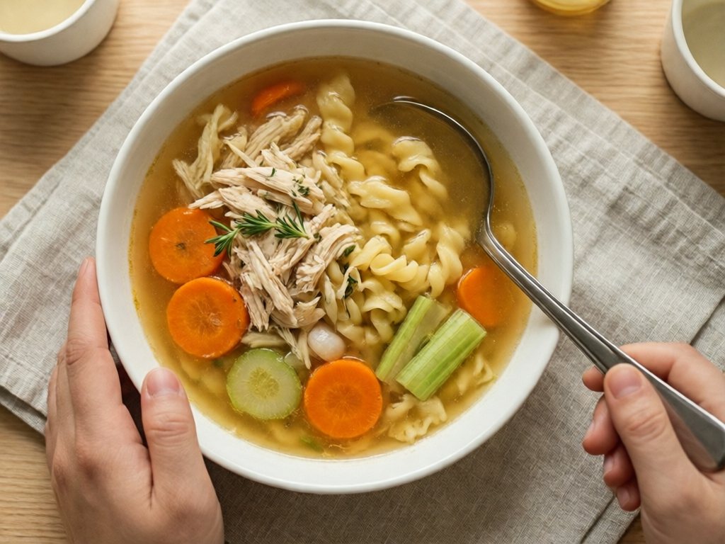 Bowl of chicken noodle soup with carrots, celery and egg noodles