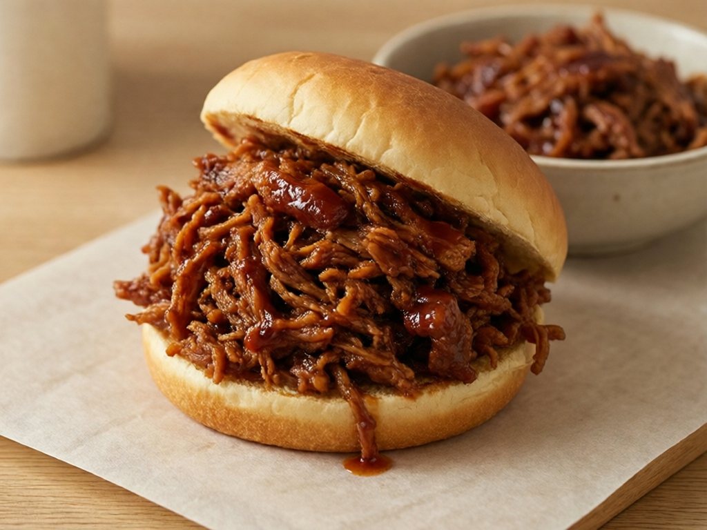 Pulled pork sandwich piled with BBQ-sauced shredded pork on a bun