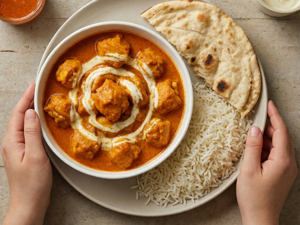 Creamy butter chicken with basmati rice and naan