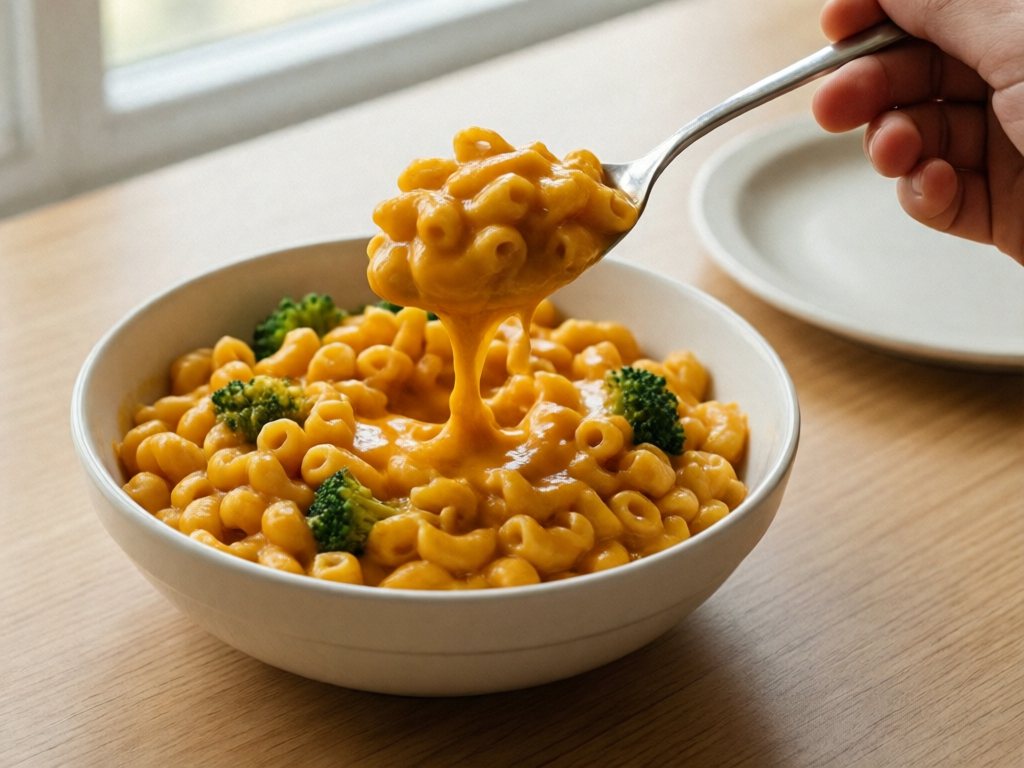 Creamy elbow macaroni and cheese in a white bowl with a spoon