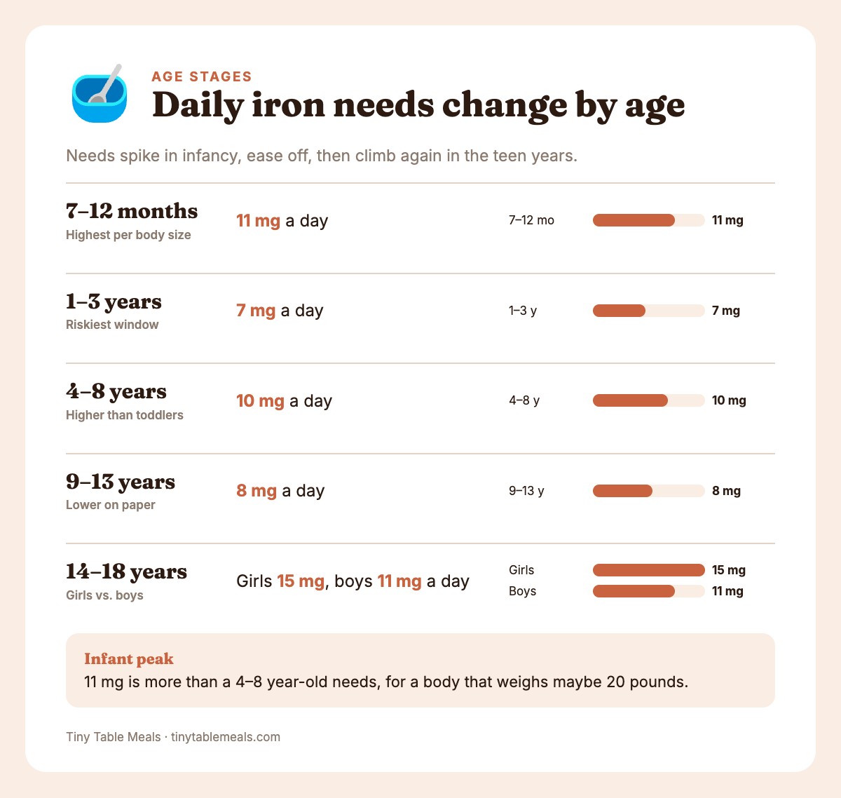 Bar chart of daily iron RDA in mg for ages 7-12 months, 1-3, 4-8, 9-13 years, and 14-18 girls and boys