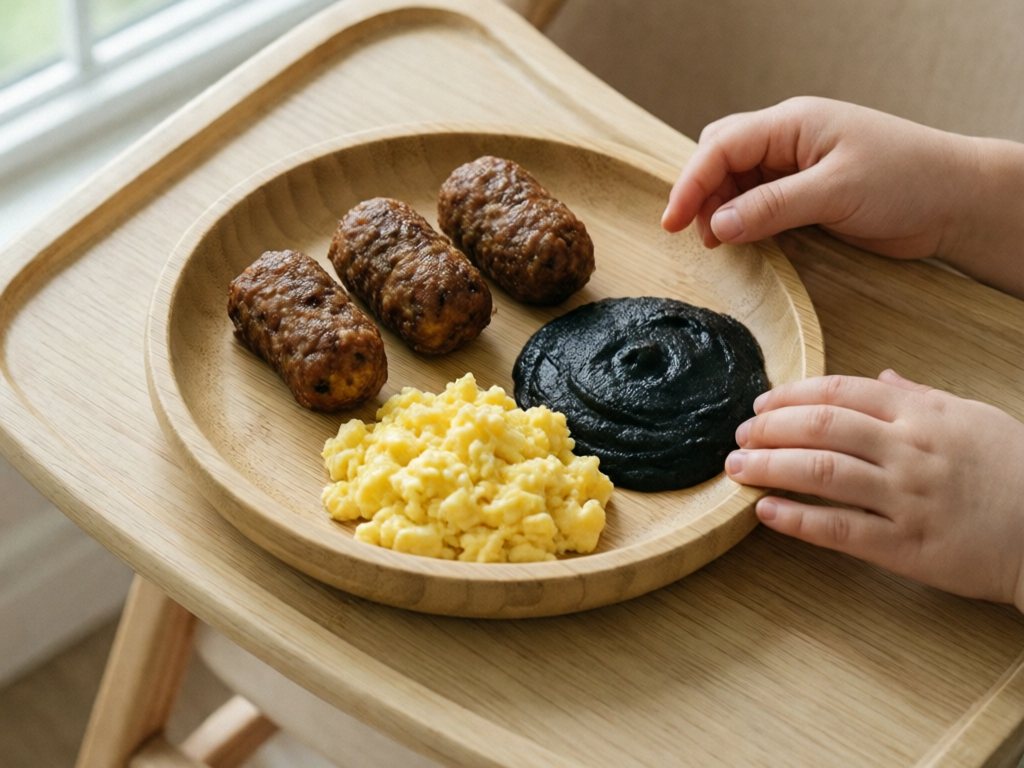 Bamboo baby plate with soft finger-shaped meatball logs, scrambled egg, and smooth mashed black beans on a high-chair tray