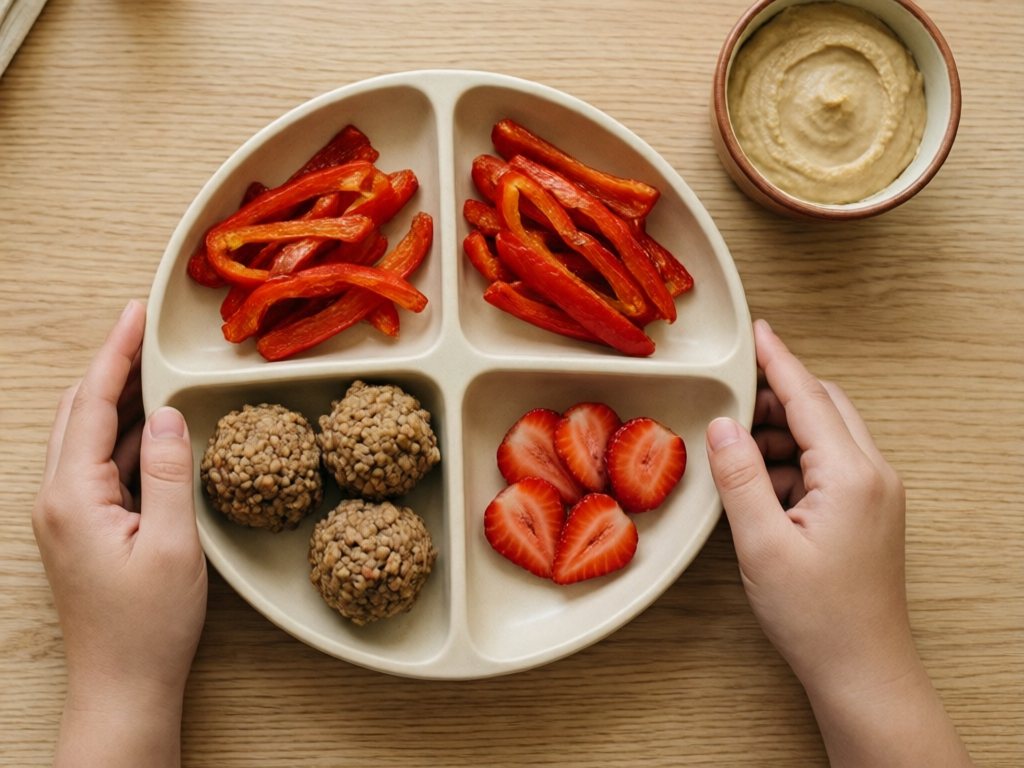 Toddler plate with turkey-lentil meatballs, soft roasted pepper strips, strawberry wedges, and a bowl of hummus