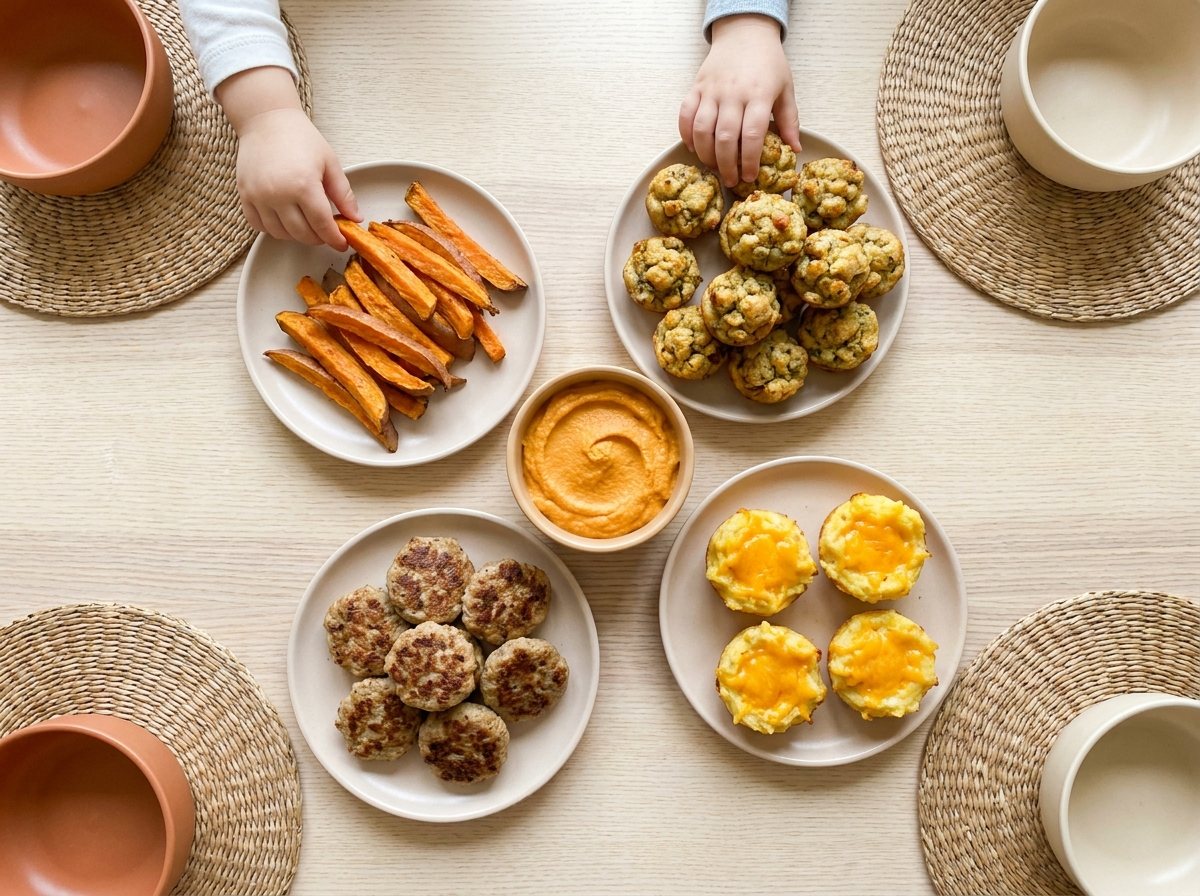 Kids' Thanksgiving finger food spread of sweet potato sticks, mini stuffing muffins, flattened meatball patties and mashed potato cups