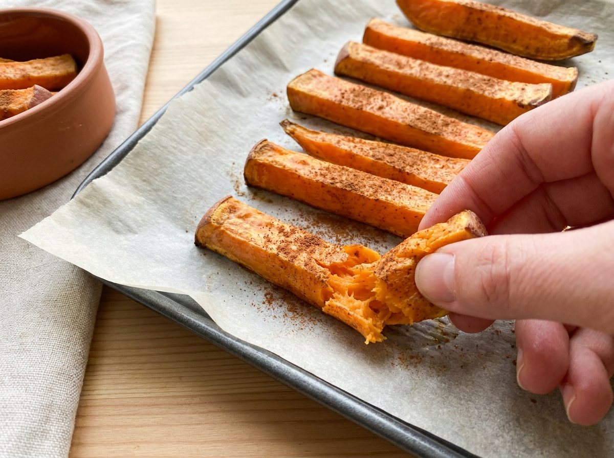 Soft roasted sweet potato fingers dusted with cinnamon on parchment