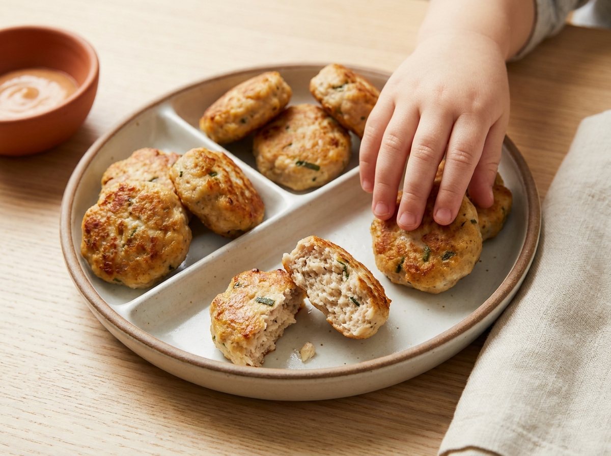 Small flattened turkey meatball patties on a plate, one broken open to show a tender inside