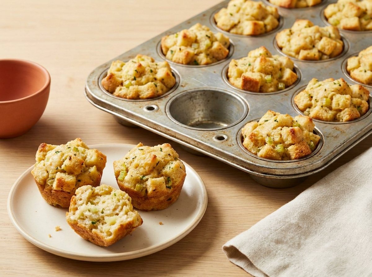Golden mini stuffing muffins in a mini muffin tin with three on a small plate