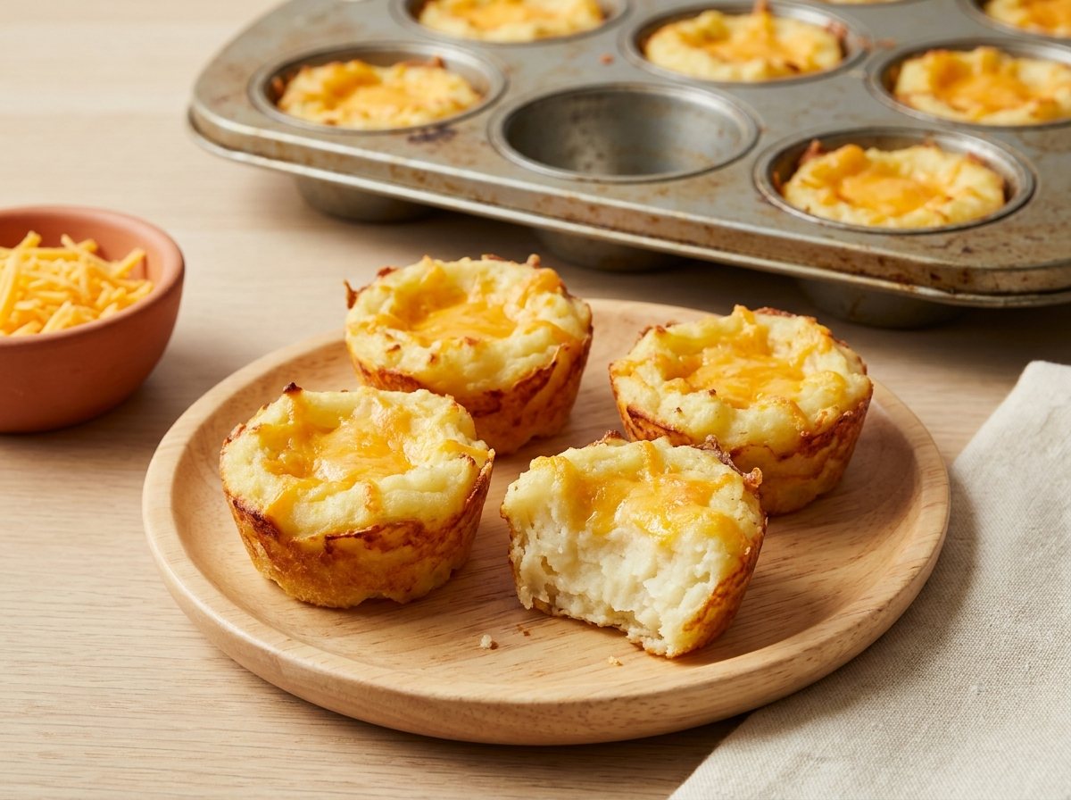 Golden mashed potato cups with melted cheddar, lifted out of a mini muffin tin