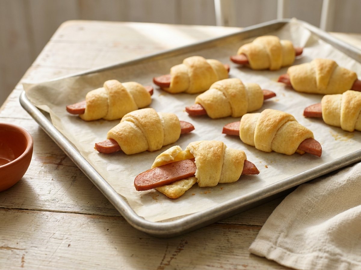 Pigs in a blanket made with lengthwise-halved sausages wrapped in golden crescent dough