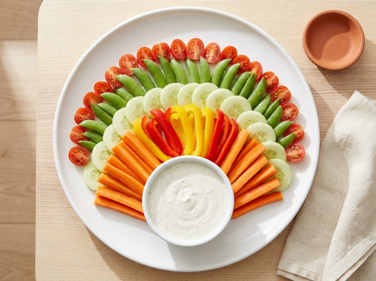 Turkey-shaped veggie tray with a bowl of dip and a half-circle fan of thin vegetable sticks