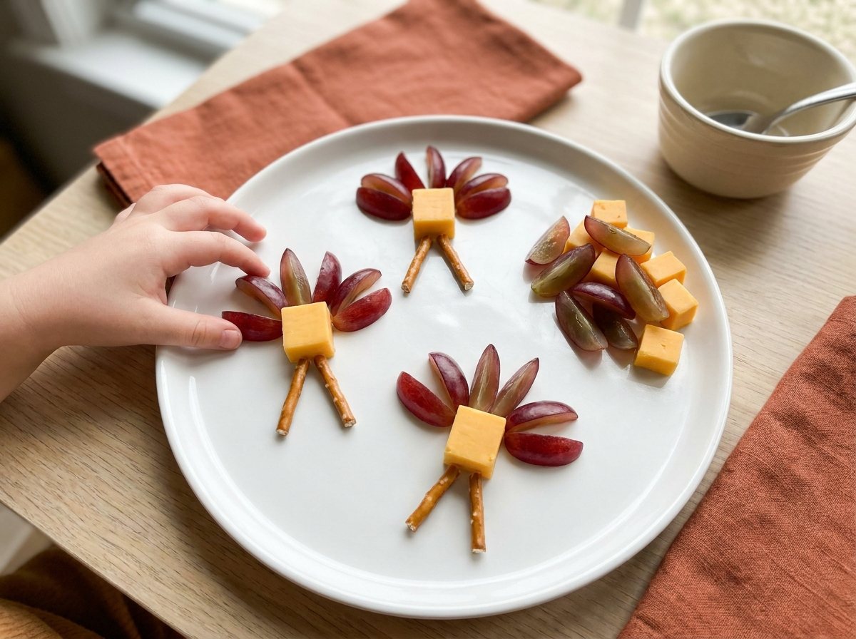 Plate of small cheddar cubes, lengthwise-quartered red grapes and pretzel sticks arranged as little turkeys
