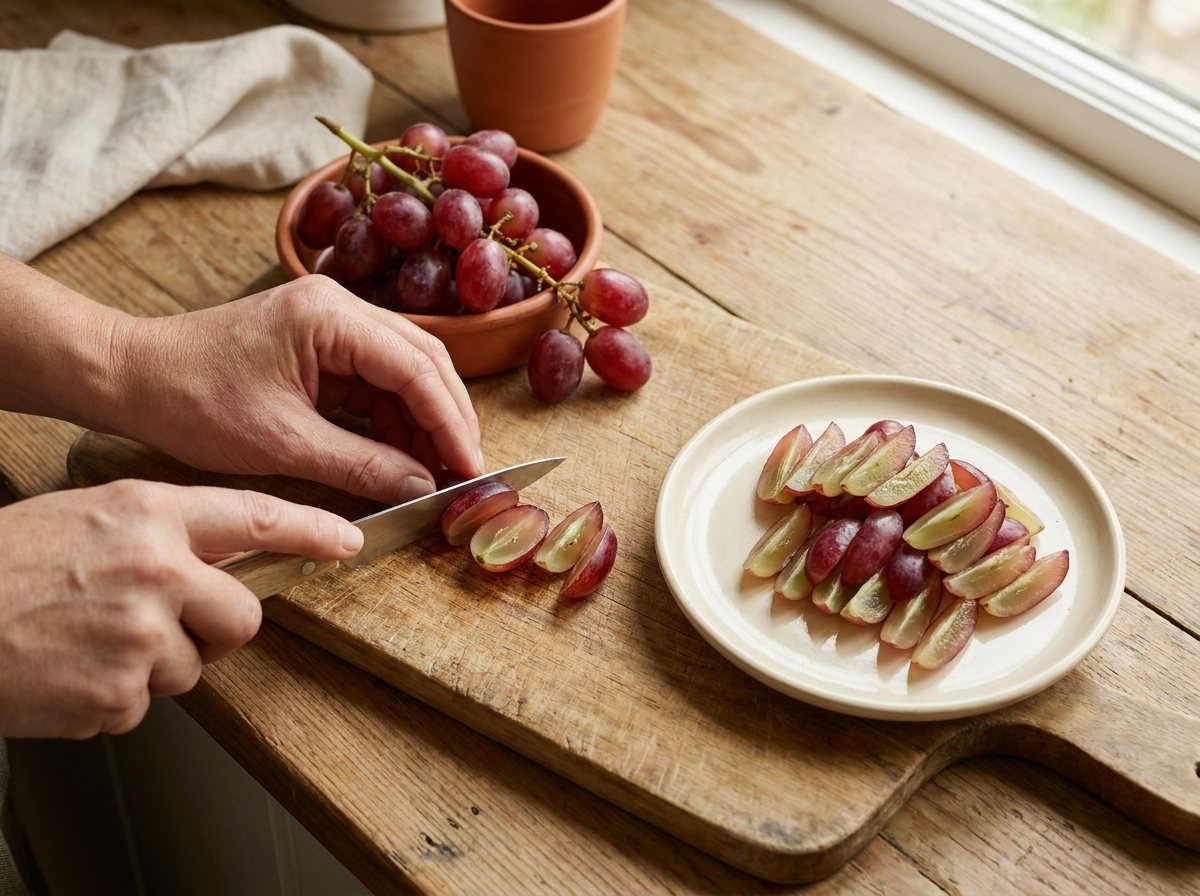 Whole red grapes beside grapes cut into four long slivers on a cutting board with a knife