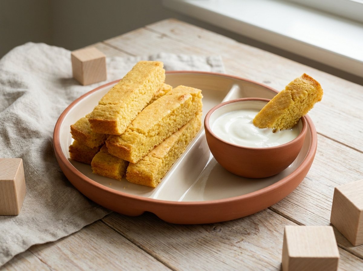 Cornbread cut into fingers beside a small bowl of plain yogurt for dipping