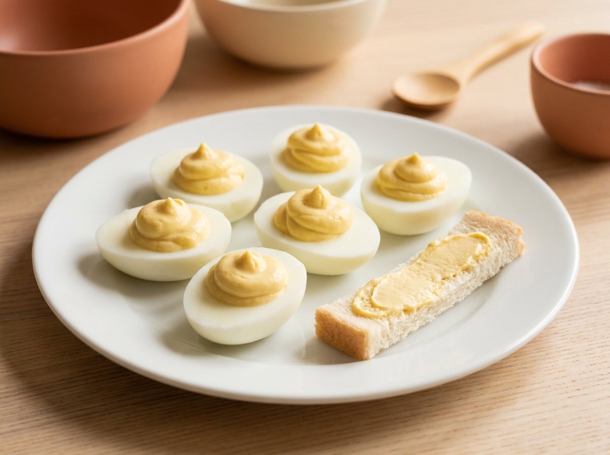 Deviled egg halves with plain yolk filling, one half cut into small pieces for a toddler