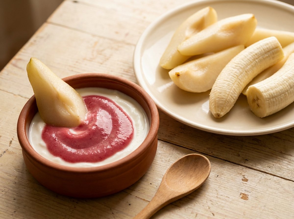 Pink cranberry-swirled yogurt dip with soft pear spears and banana pieces