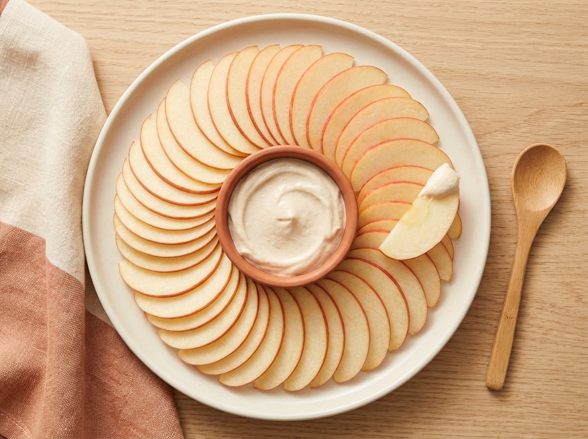 Thin apple slices fanned around a small bowl of cream cheese dip
