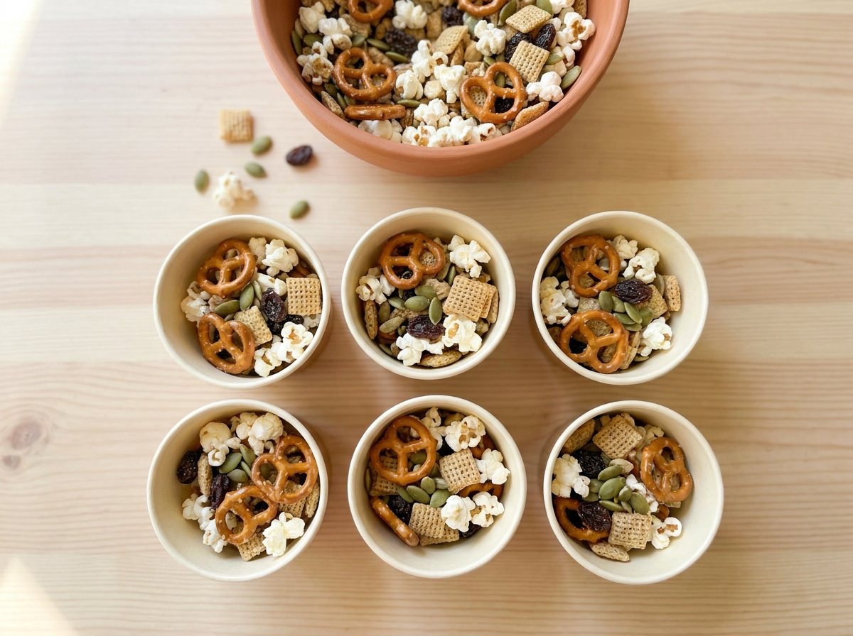 Small cups of trail mix with popcorn, mini pretzels, pumpkin seeds, raisins and cereal squares