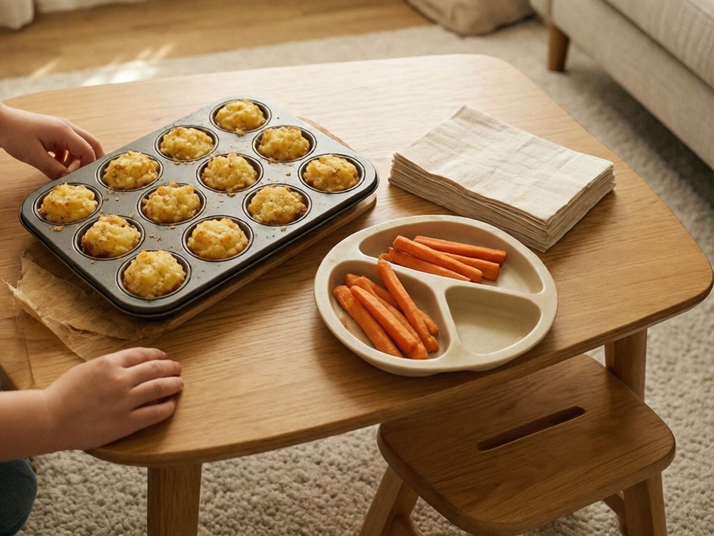 Low coffee table with a muffin tin of golden mashed potato cups, a divided plate of sweet potato sticks, napkins and a small child stool