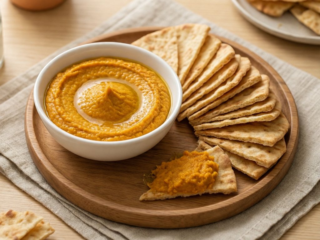Smooth orange pumpkin hummus in a white bowl with soft pita strips on a wooden board