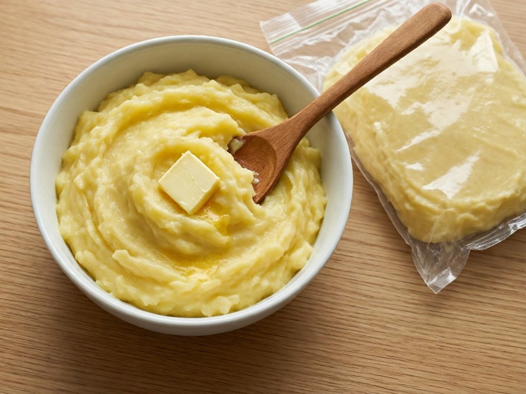 Bowl of smooth buttery mashed potatoes beside a flat freezer bag of frozen mashed potatoes