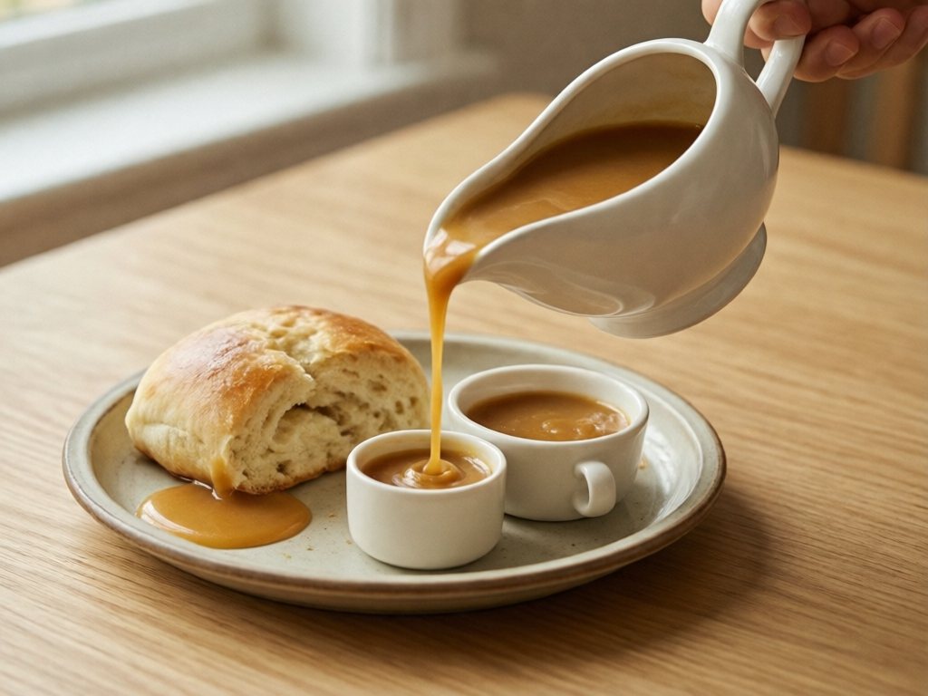 Pitcher of smooth golden gravy pouring into a small dipping cup beside a torn soft dinner roll