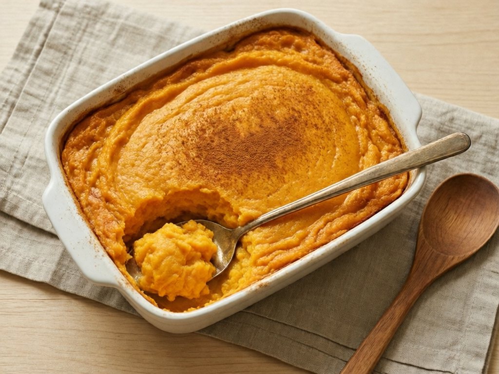 Baked smooth orange sweet potato casserole in a white dish with one spoonful scooped out