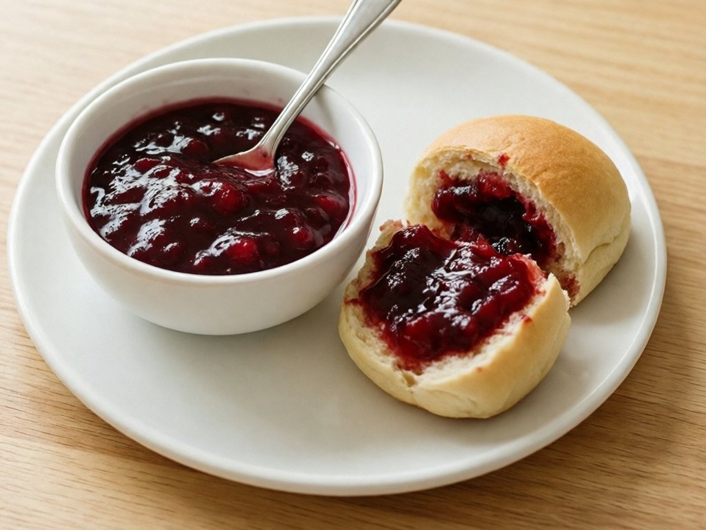Bowl of smooth ruby-red cranberry sauce beside a dinner roll spread with the sauce like jam