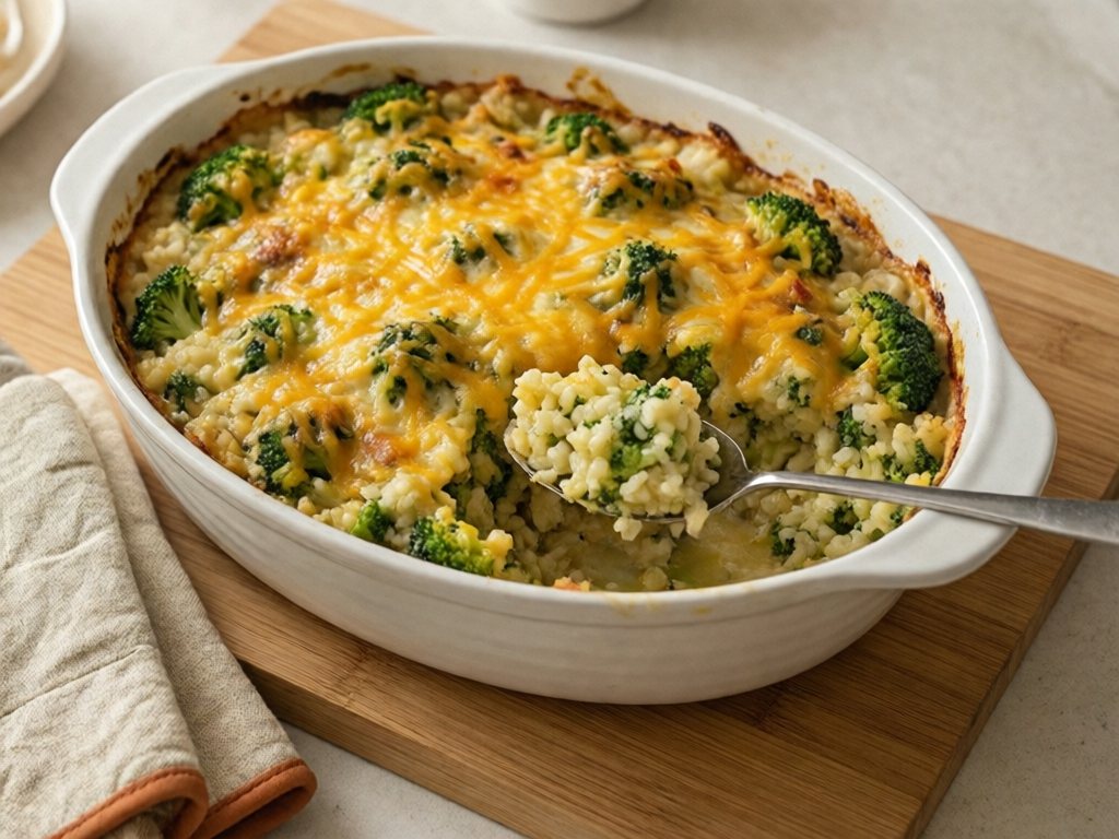 Golden baked cheesy broccoli rice casserole with a spoonful lifted out of the white dish