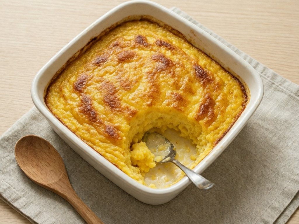 Square dish of golden custardy corn pudding with a spoonful scooped out