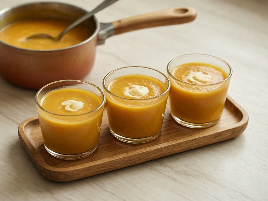 Three small glass cups of creamy orange pumpkin soup on a wooden tray