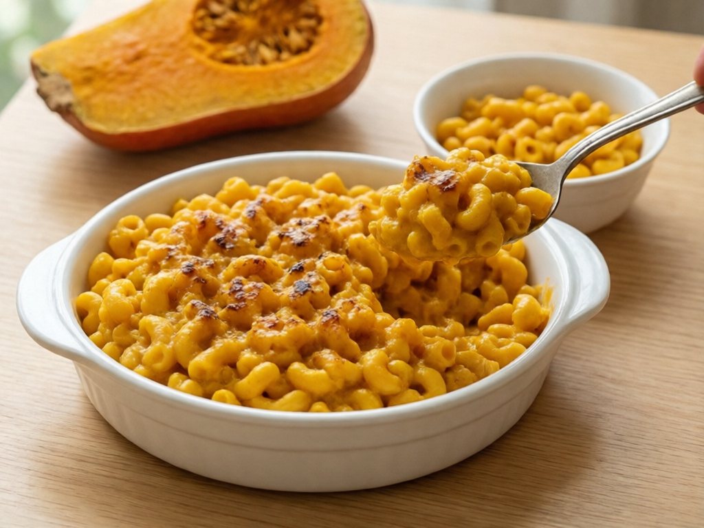 Golden-orange butternut squash mac and cheese in a white dish with a spoonful served