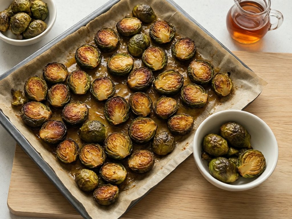 Pan of halved maple-glazed roasted Brussels sprouts with crispy browned edges