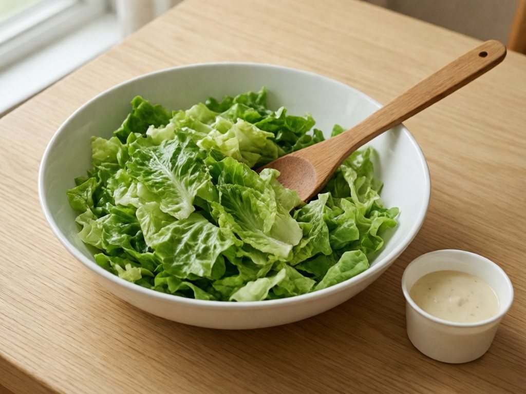 White bowl of torn green lettuce with a small cup of mild dressing on the side