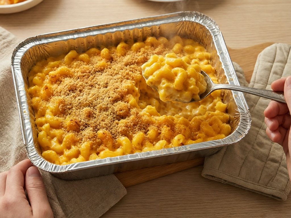 Foil pan of bubbly baked mac and cheese with a spoonful lifted out